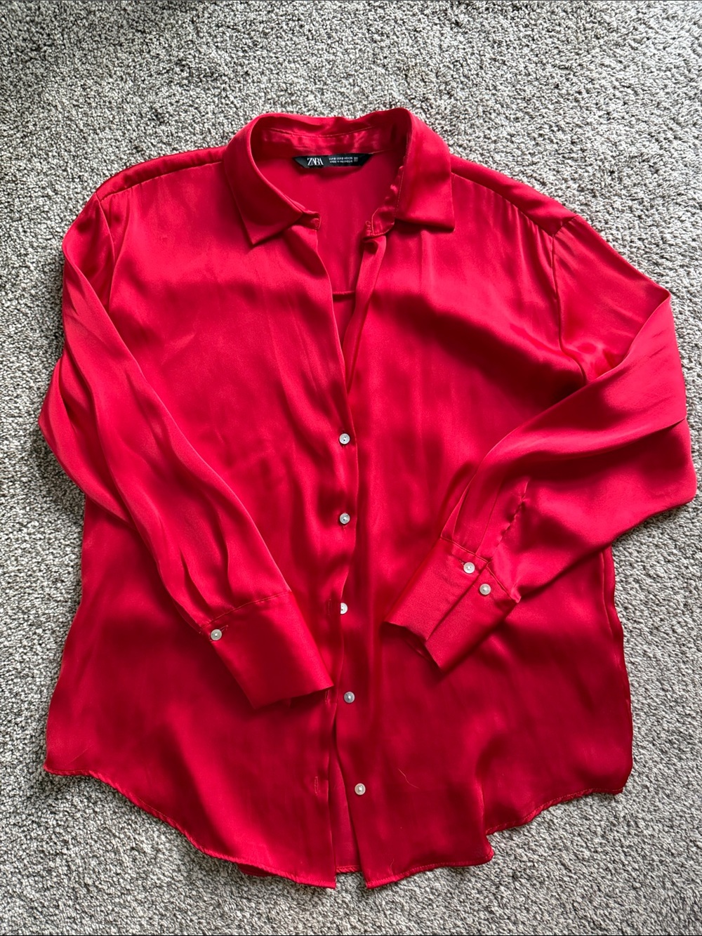 ZARA red silky button down shirt